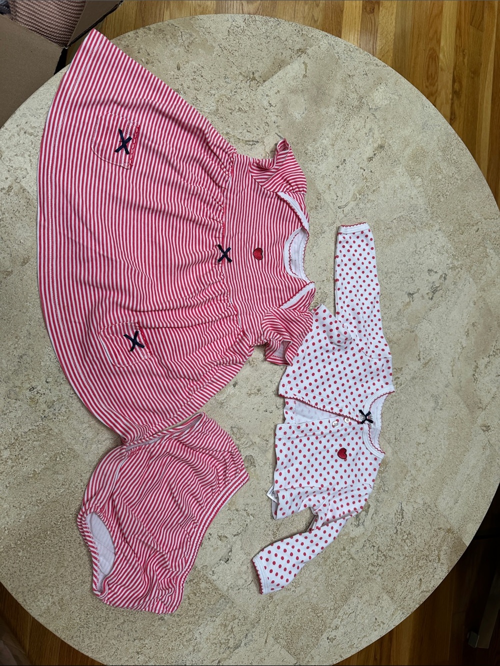 Little Me Pink and White Striped Dress Set with Polka Dot Cardigan